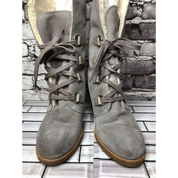 Cole Haan Waterproof Gray Suede Shearling Wedge Comfort Winter Boots Women Sz 9B - Picture 3 of 16
